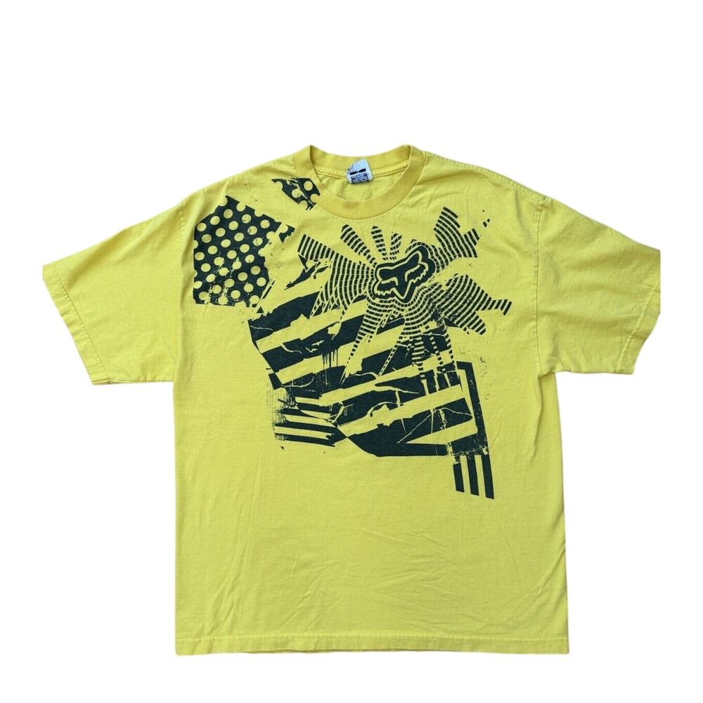 Fox Racing Graphic Tee Shirt Y2K Streetwear Mens Size XL Yellow Motocross Rare